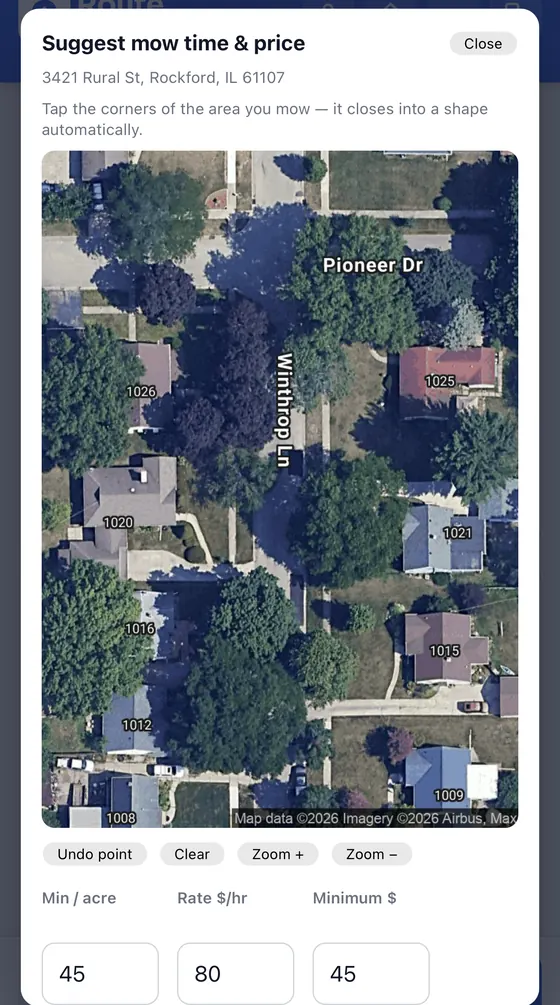 RouteHouse Lawn suggest mow time and price screen — tapping the corners of the mow area on a satellite map, with minutes per acre, hourly rate and minimum below