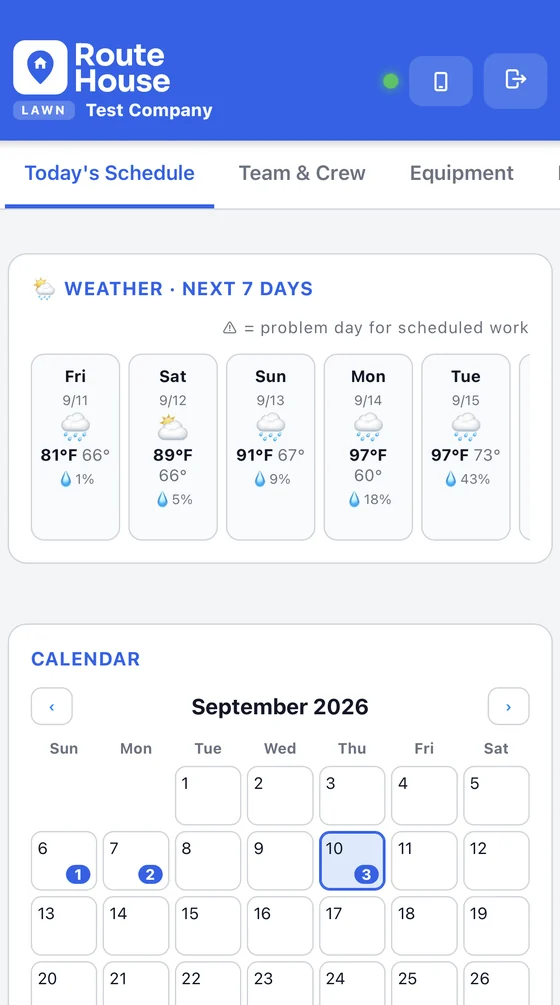 RouteHouse Lawn seven-day forecast with highs, lows and rain chance, flagging problem days for scheduled work, above the month calendar