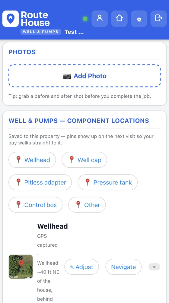 RouteHouse Wells & Pumps component locations screen with GPS pins for wellhead, well cap, pitless adapter, pressure tank and control box saved to the property, with a satellite thumbnail and a Navigate button