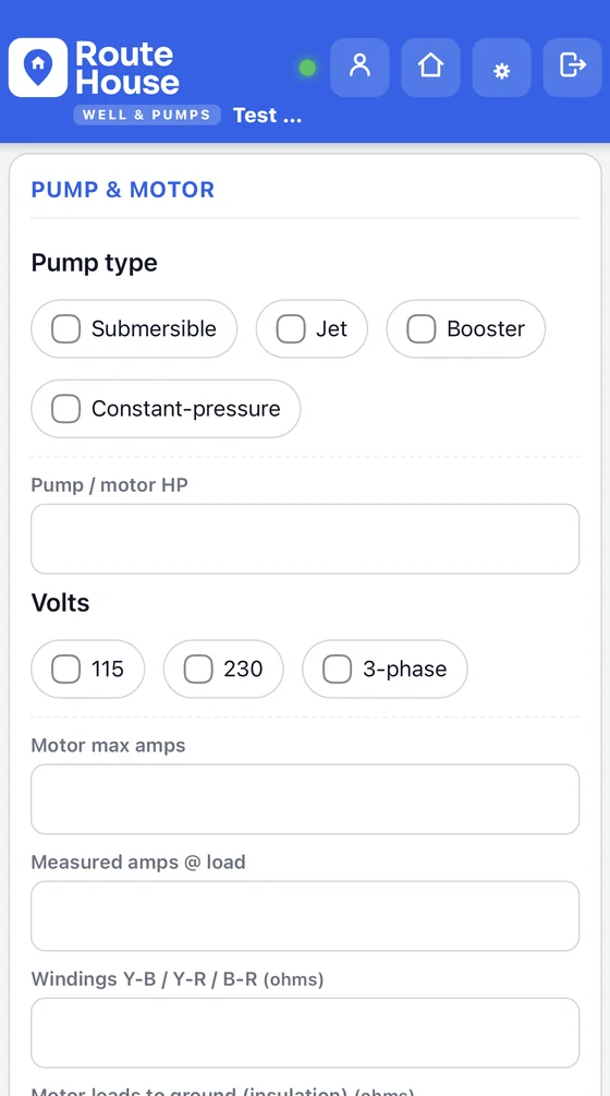 RouteHouse Wells & Pumps pump and motor section — submersible, jet, booster or constant-pressure, horsepower, 115 / 230 / 3-phase volts, motor max amps, measured amps at load, winding and insulation resistance