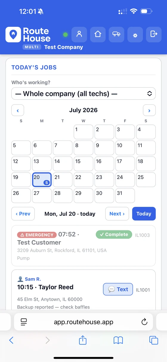 RouteHouse today's jobs screen on a phone — schedule calendar, the day's stops with customer, address and status, and an emergency job flagged