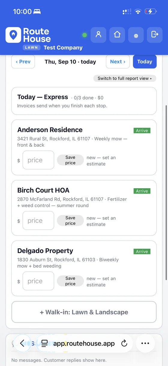 RouteHouse Lawn Express view with each stop showing an Arrive button and a price field, and a note that invoices send when you finish each stop