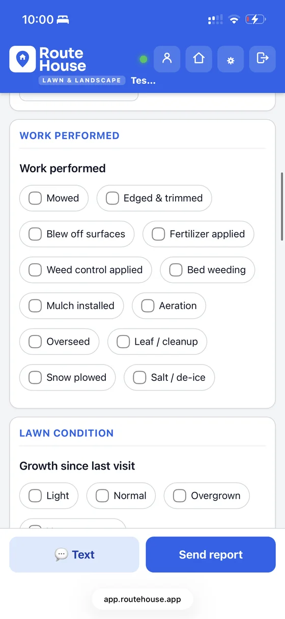 RouteHouse Lawn work performed checklist — mowed, edged and trimmed, fertilizer, weed control, mulch, aeration, overseed, leaf cleanup, snow and salt — plus a growth-since-last-visit rating