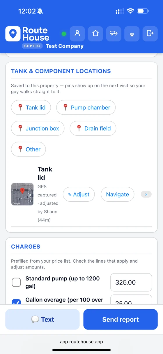 RouteHouse tank and component locations screen with GPS pins for tank lid, pump chamber, junction box and drain field