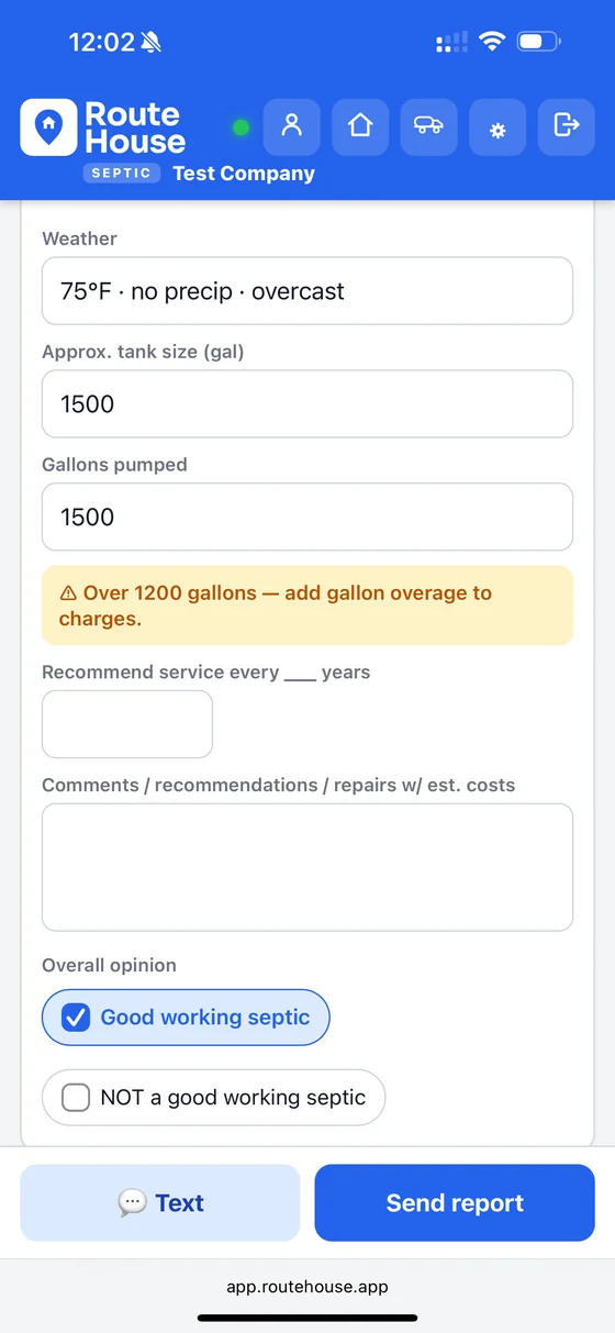 RouteHouse pumping report showing gallons pumped and an over-1200-gallon overage warning
