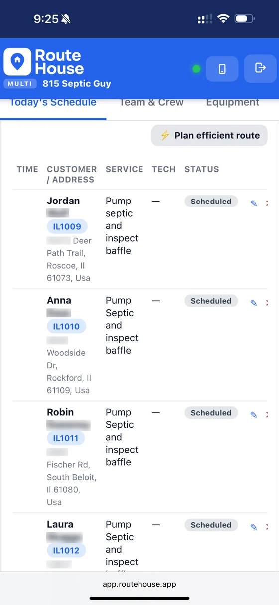 RouteHouse schedule listing the day's septic jobs in the order they were booked, with a Plan efficient route button