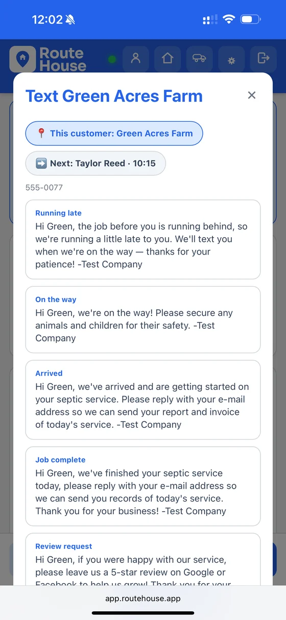 RouteHouse customer text templates for running late, on the way, arrived and job complete
