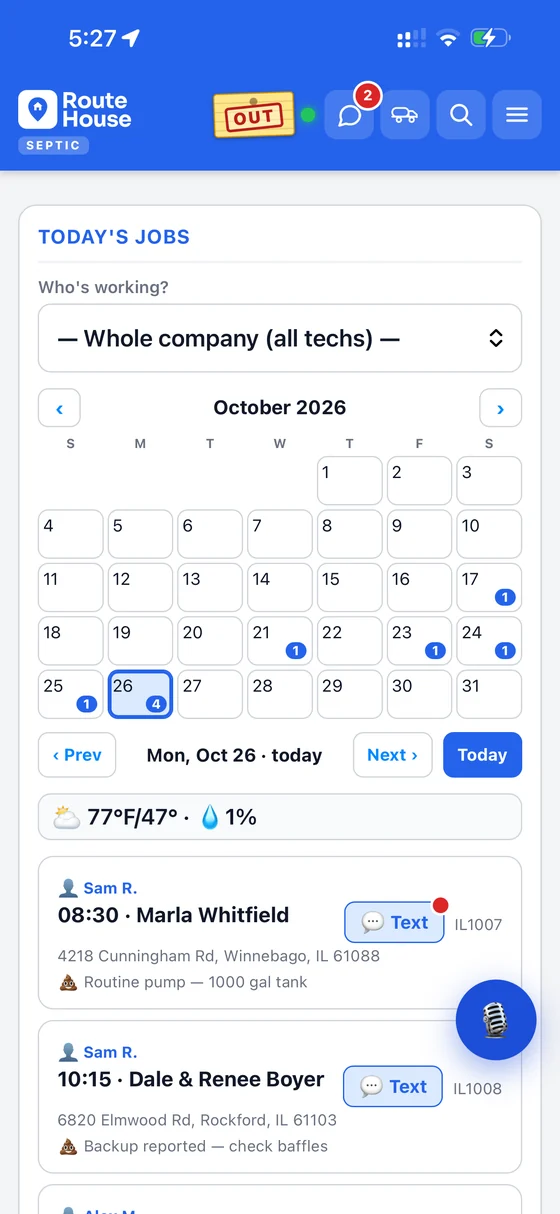 RouteHouse septic Today's Jobs screen with the month calendar, the day's jobs and a microphone button floating over the job list