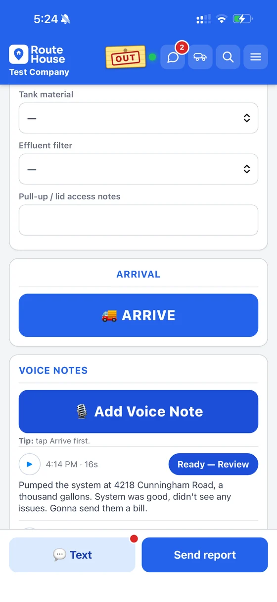 RouteHouse job screen with a Voice Notes section: an Add Voice Note button and a 16-second note marked Ready, Review, with its transcript below