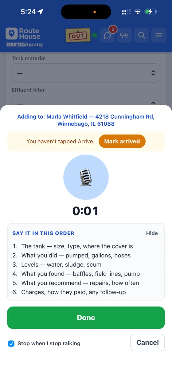 RouteHouse voice note recording screen adding to Marla Whitfield at 4218 Cunningham Rd, with a timer, a Say it in this order list of six septic prompts, a Done button and a Stop when I stop talking checkbox