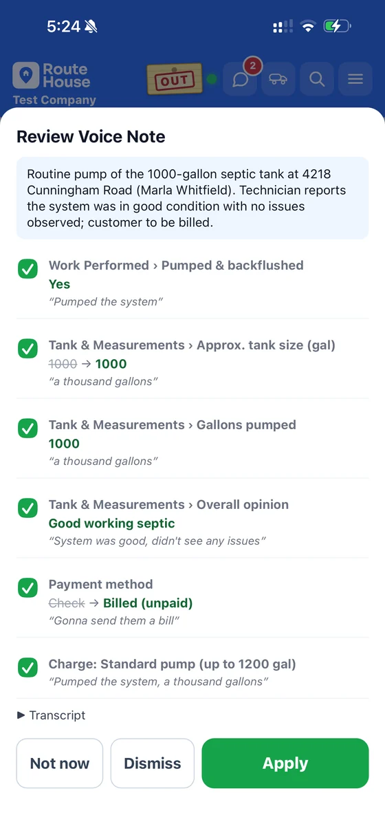 RouteHouse Review Voice Note screen listing ticked report entries and a charge from the price list, each with the words it came from, above Not now, Dismiss and Apply