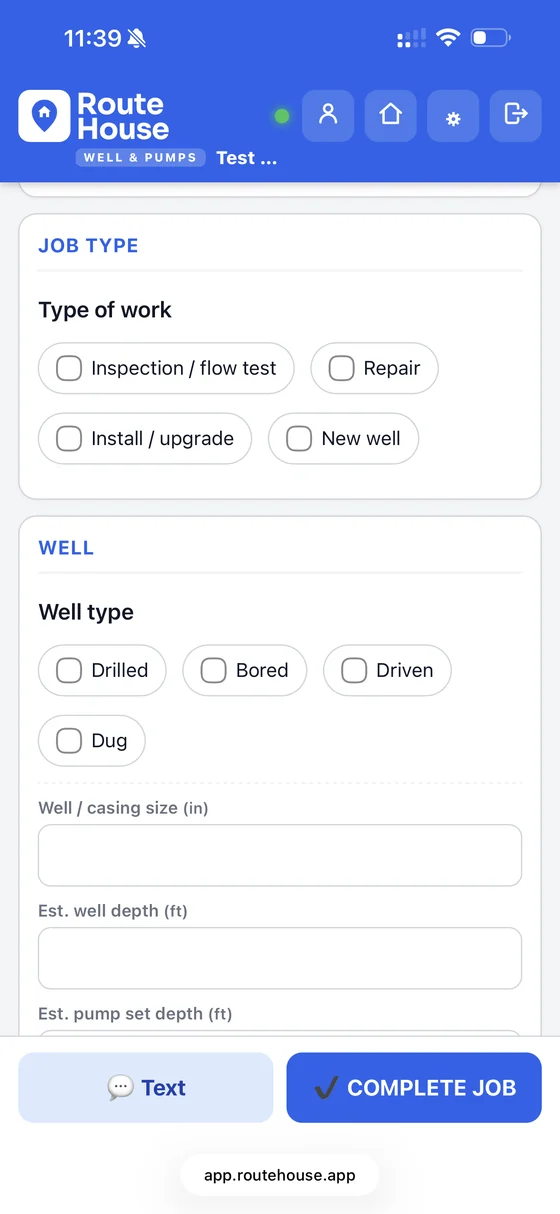 RouteHouse Wells & Pumps report form showing type of work — inspection or flow test, repair, install or upgrade, new well — then well type drilled, bored, driven or dug, with casing size, estimated well depth and pump set depth fields