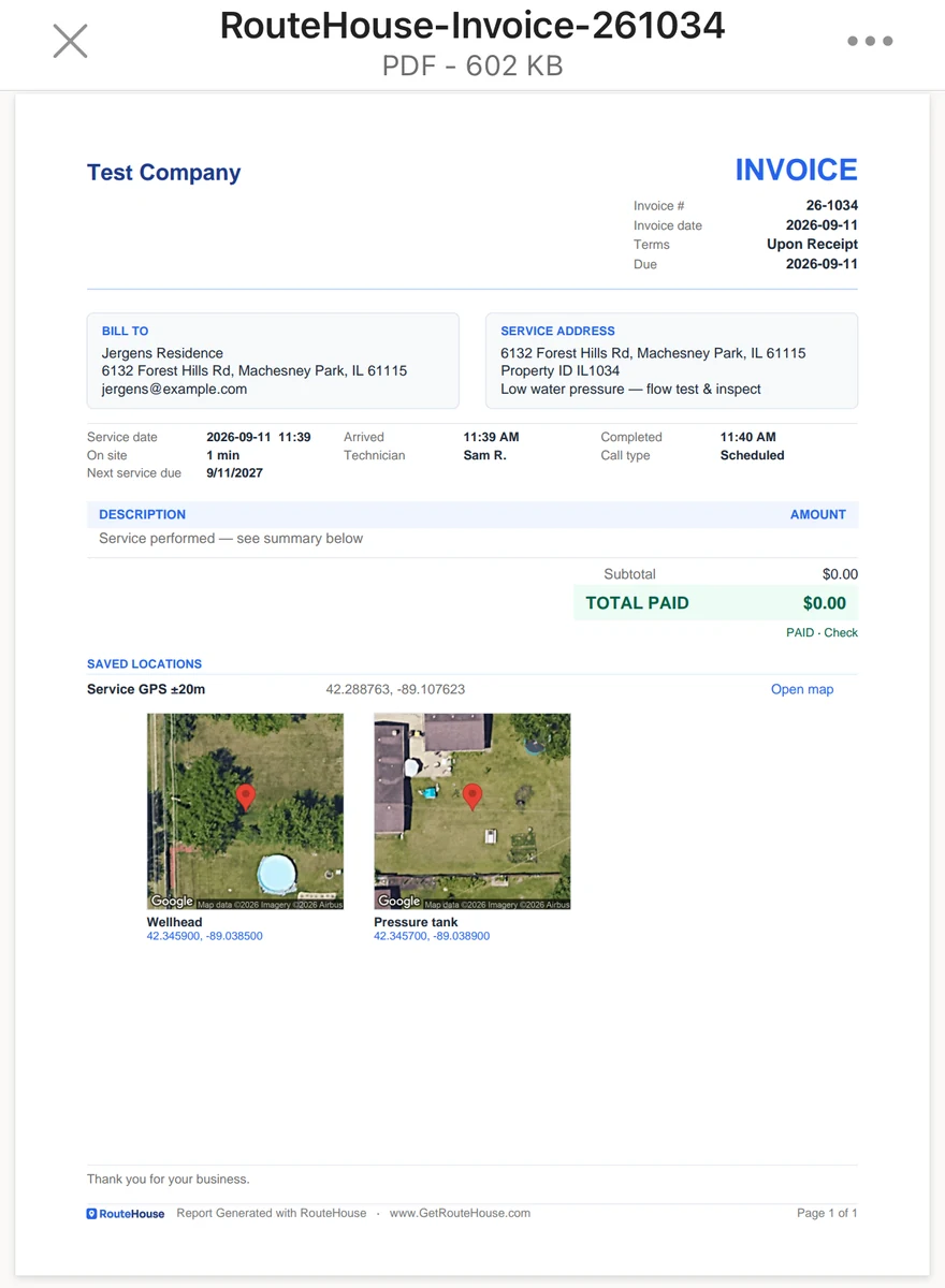 The RouteHouse PDF invoice — bill-to and service address, service date, arrival and completion times, technician, call type, next service due, line items and total paid, and a saved-locations block with satellite thumbnails and coordinates for the wellhead and pressure tank