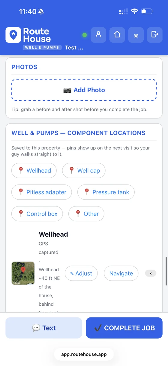 RouteHouse Wells & Pumps component locations screen with GPS pins for wellhead, well cap, pitless adapter, pressure tank, control box and other, saved to the property with a satellite thumbnail, an Adjust button and a Navigate button