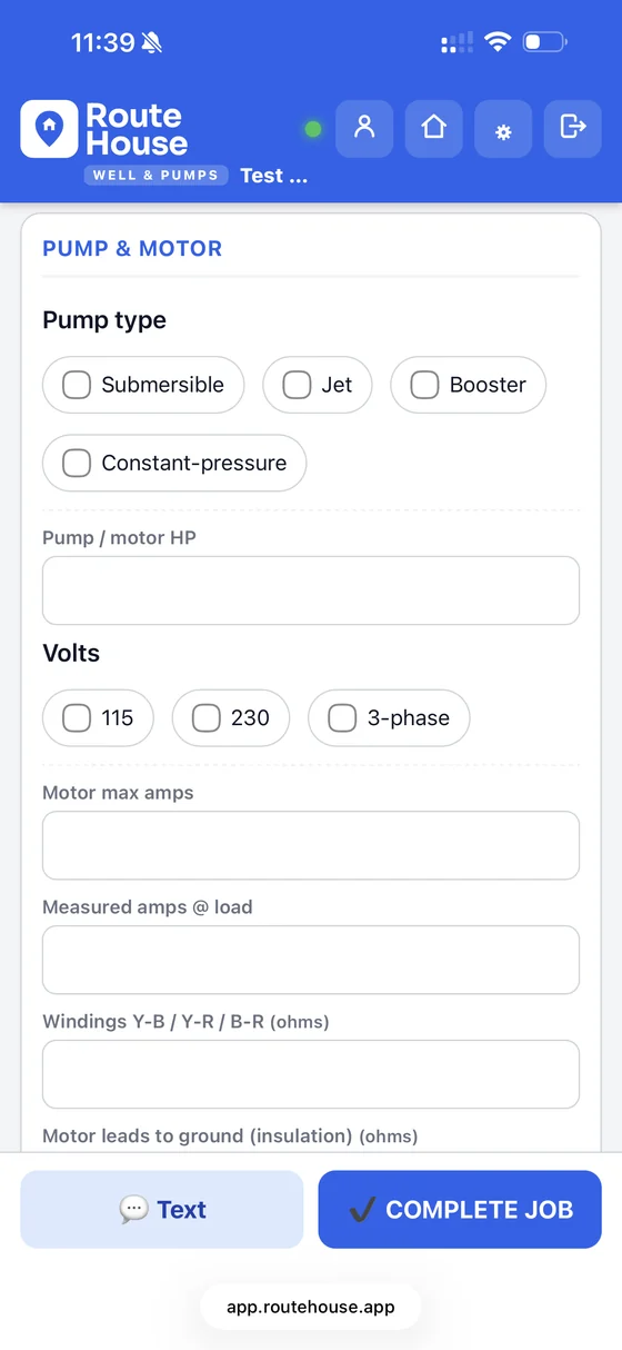 RouteHouse Wells & Pumps pump and motor section with submersible, jet, booster and constant-pressure options, horsepower, 115 / 230 / 3-phase volts, motor max amps, measured amps at load, winding resistance and motor leads to ground